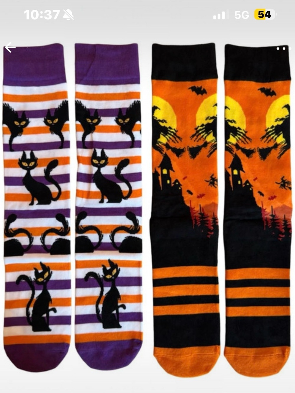 Halloween Knee-High Socks - Black, Orange & Purple Cat and Haunted House Pair